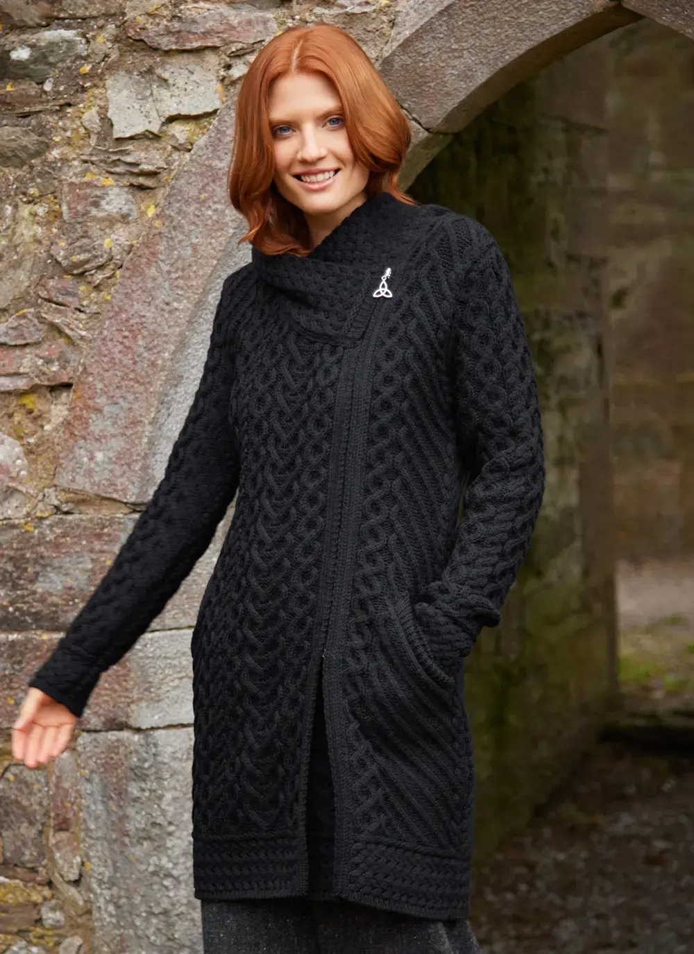Catriona Side Zip Hooded Coatigan in Black | Blarney